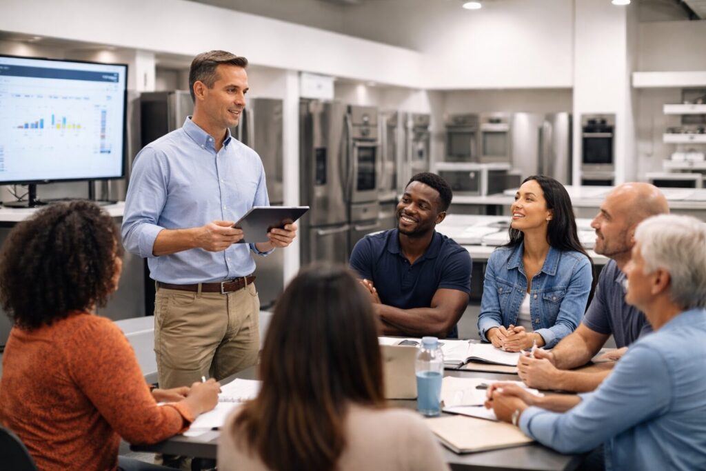 Diverse appliance sales associates assisting customers in a modern showroom discussing warranty options across locations