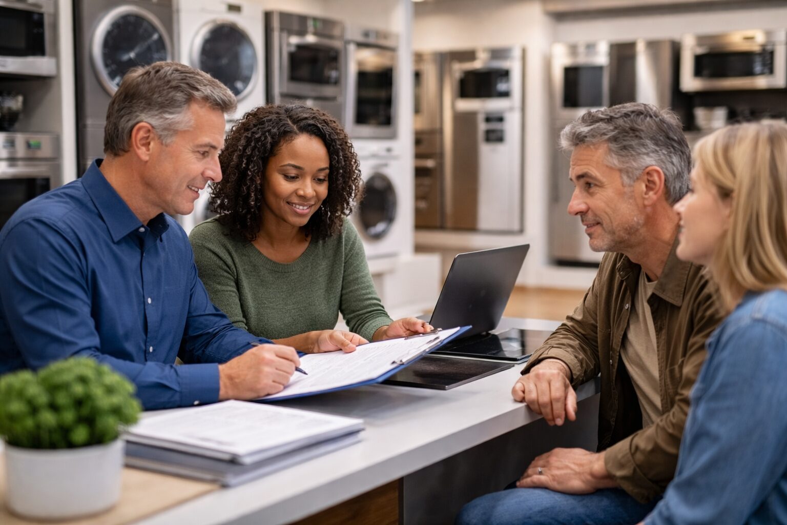 Appliance sales associate discussing warranty options with a middle-aged couple in a modern showroom kitchen