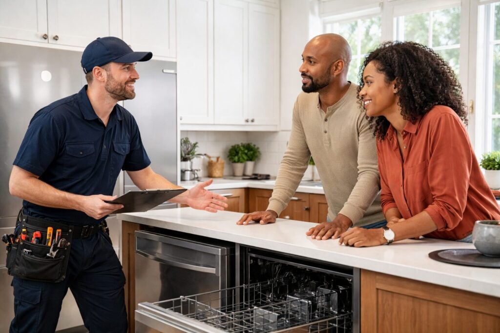 Appliance sales associate explaining warranty options to a diverse couple shopping for a refrigerator in a modern showroom