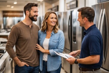 couple discussing appliance warranty options with sales associate in modern appliance showroom