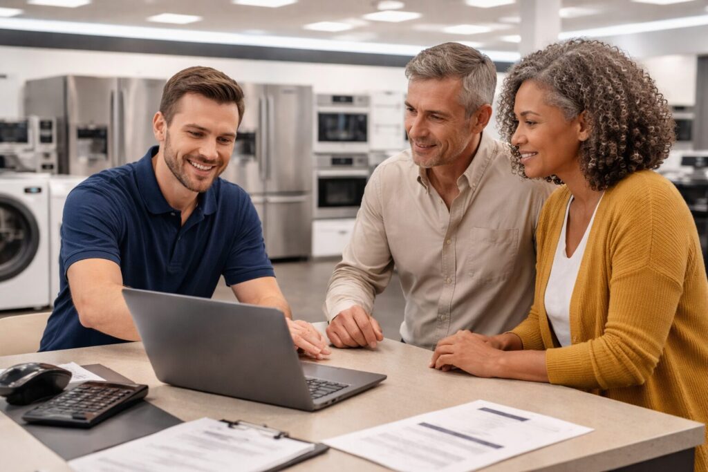 Appliance retailer assisting a customer with warranty order submission on a tablet in a modern showroom environment