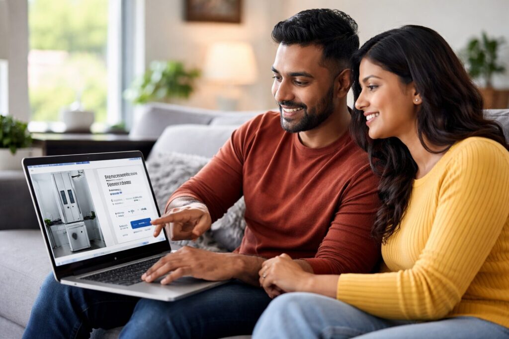 Brown couple shopping for kitchen appliances in a modern showroom discussing warranty options with a sales associate nearby