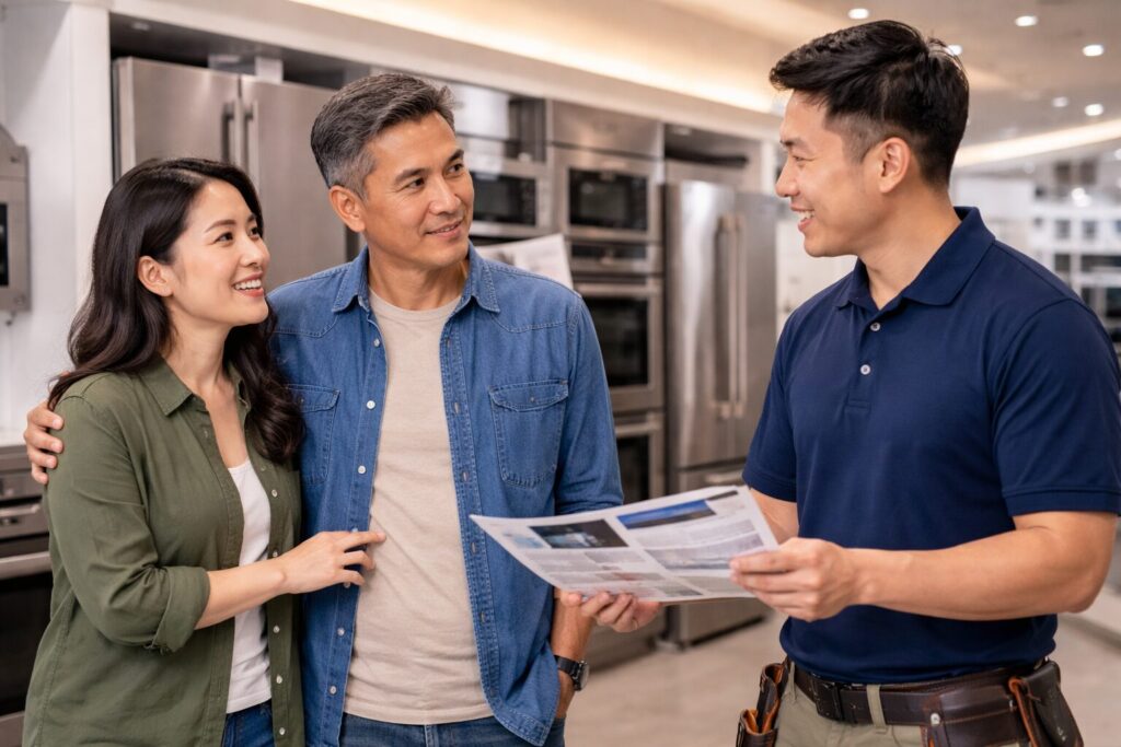 Asian appliance sales associate explaining extended warranty options to a middle-aged couple in a modern showroom kitchen