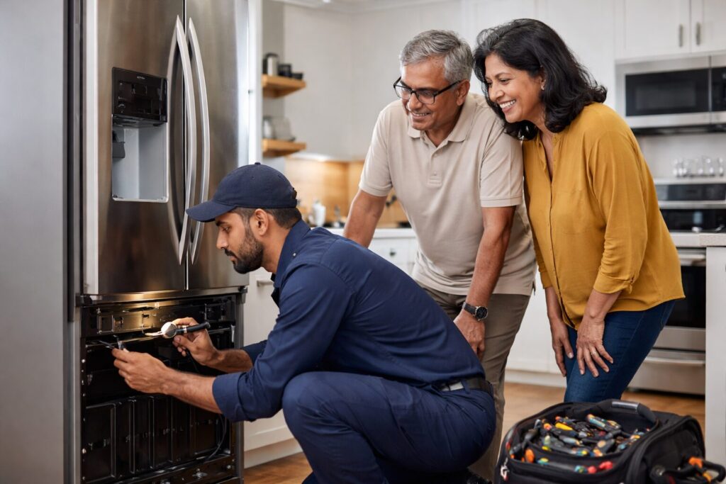Older Indian couple reviewing appliance warranty documents with a sales associate in a modern kitchen showroom