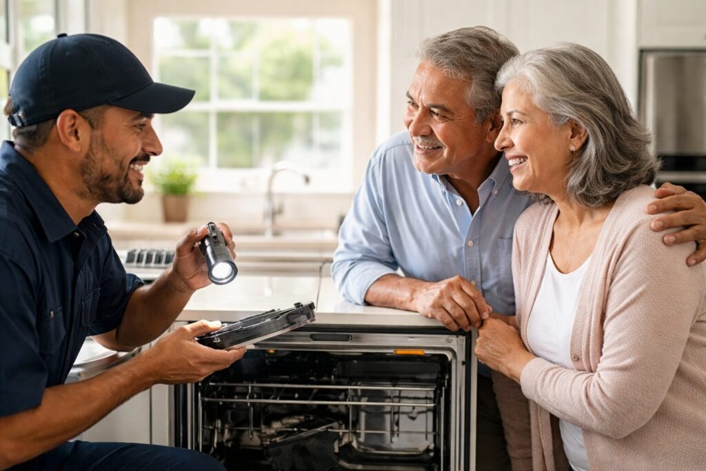Hispanic older couple discussing appliance repair with a technician in a modern kitchen with a new refrigerator nearby