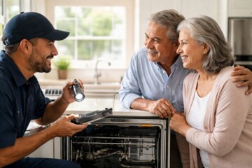 Hispanic older couple discussing appliance repair with a technician in a modern kitchen with a new refrigerator nearby