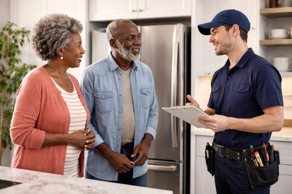 Black older couple reviewing appliance warranty documents in a modern kitchen with a new stainless steel refrigerator
