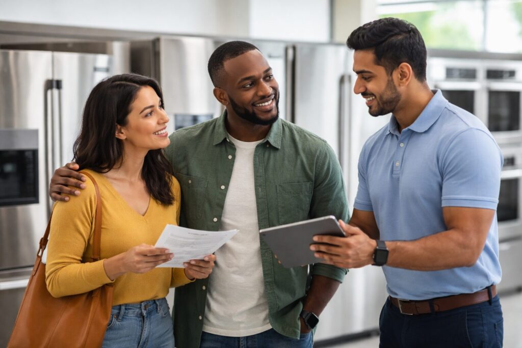 Multicultural group of customers and sales associates discussing warranty options in a modern appliance showroom