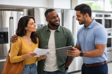 Multicultural group of customers and sales associates discussing warranty options in a modern appliance showroom