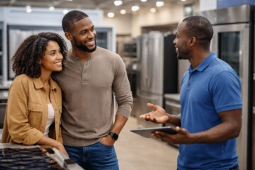 Black couple discussing appliance warranty options with a sales associate in a modern appliance showroom