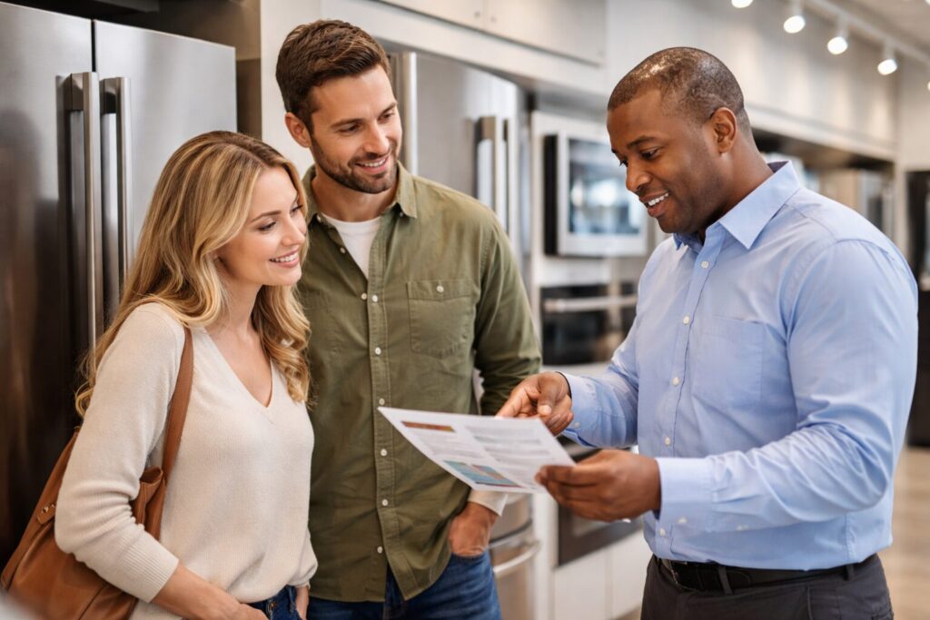 Appliance sales associate discussing warranty options with a middle-aged couple in a modern appliance showroom