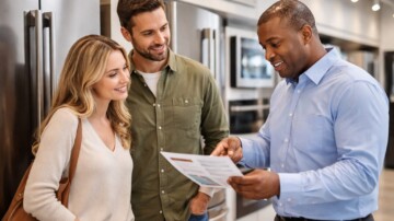 Appliance sales associate discussing warranty options with a middle-aged couple in a modern appliance showroom