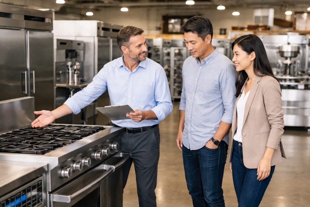 Asian business customers and staff discussing commercial kitchen equipment in a modern dealer showroom with equipment on