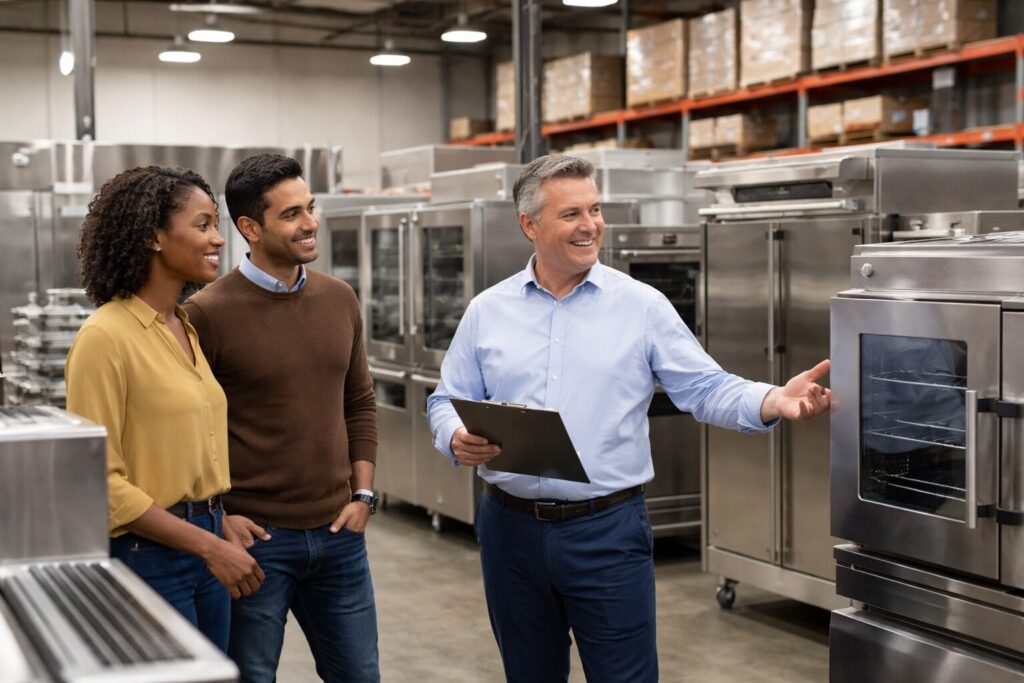 Commercial appliance showroom with diverse customers and staff discussing equipment displayed in organized rows