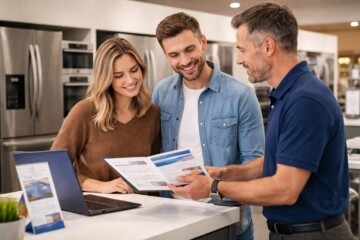 Young couple discussing warranty options with appliance salesperson in a modern appliance store showroom