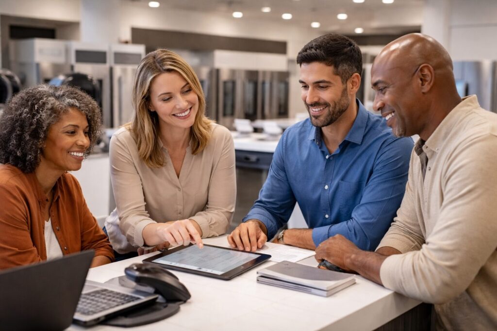 Appliance sales associate assisting a middle-aged couple reviewing warranty options in a bright modern showroom