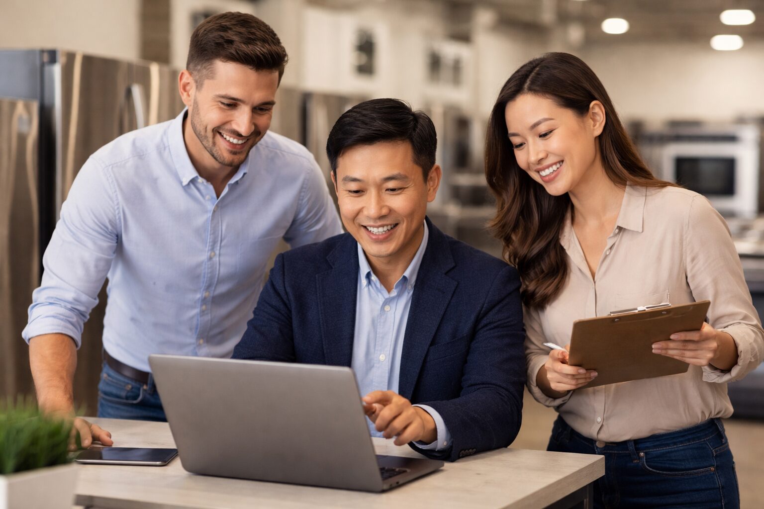 Asian couple shopping for modern kitchen appliances in a bright showroom with a sales associate assisting them