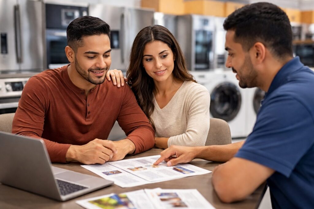 Hispanic couple discussing warranty options with appliance sales associate in a modern appliance showroom
