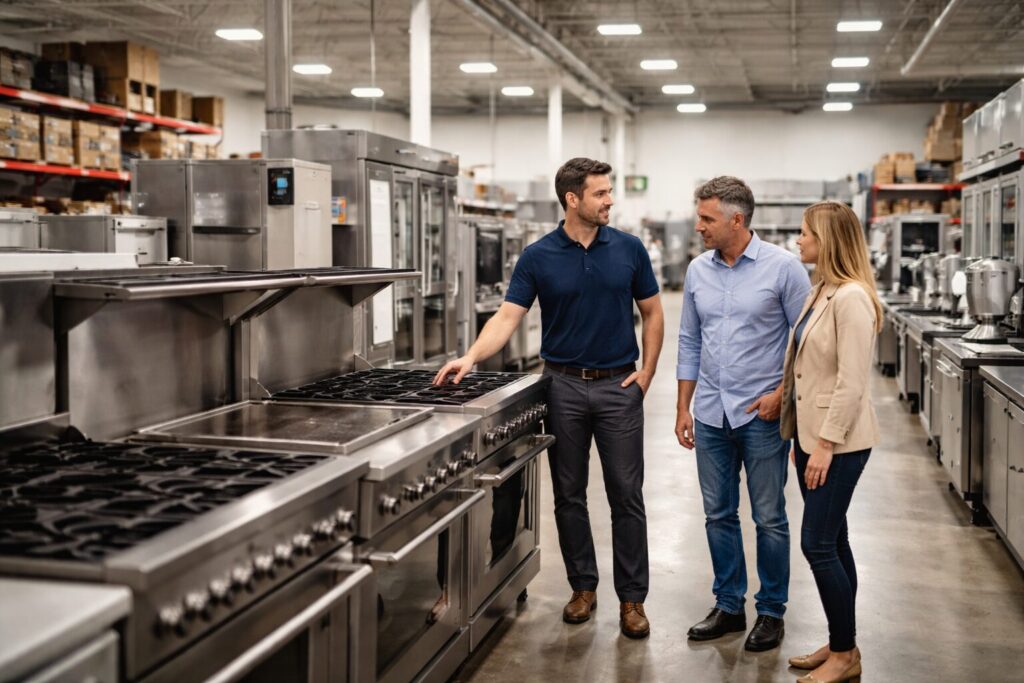 commercial appliance showroom with staff assisting customers among rows of modern equipment in a clean organized space