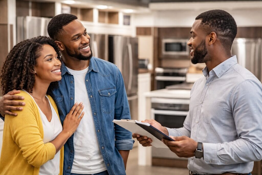 Black couple discussing warranty options with appliance sales associate in modern showroom with various appliances visible