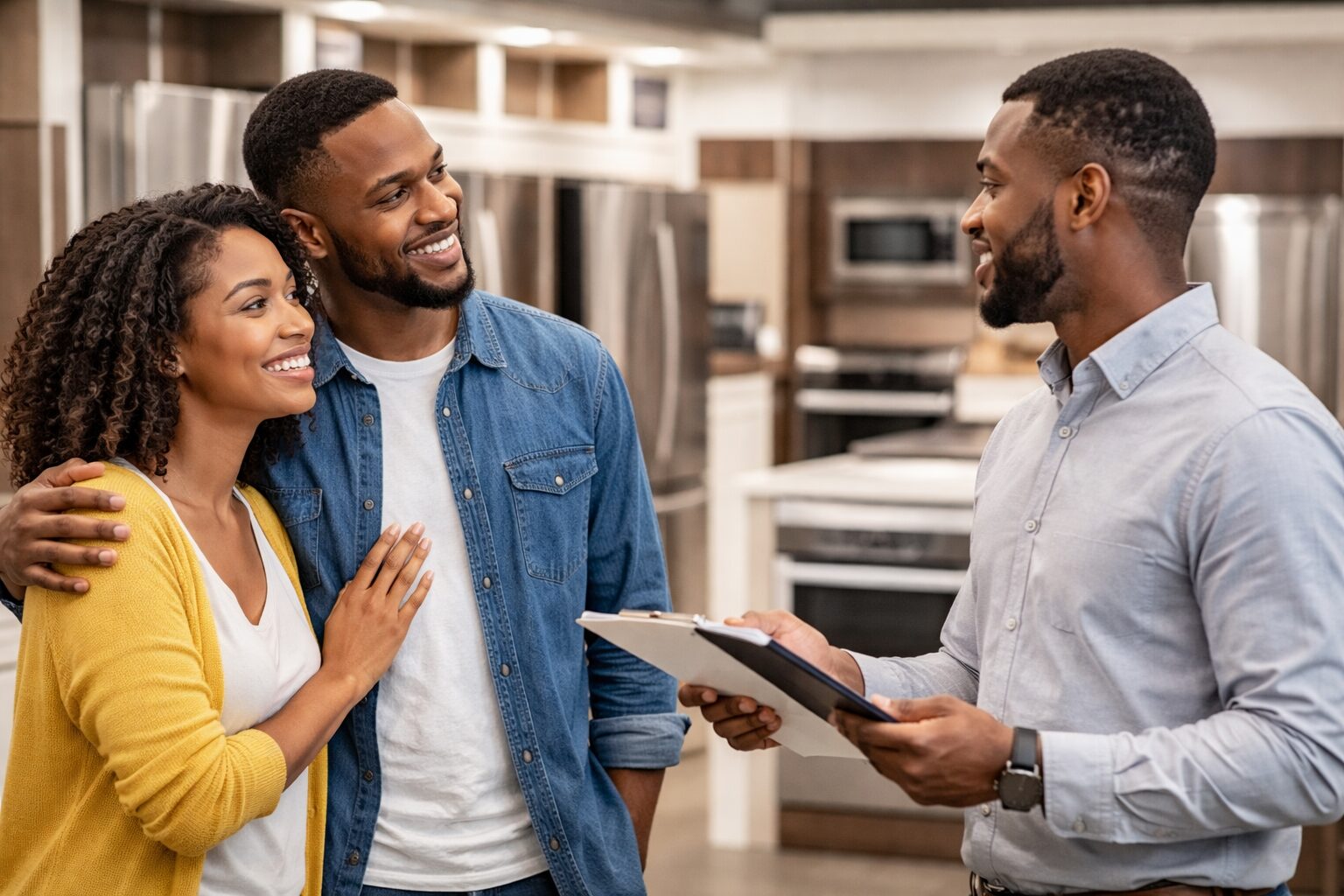 Black couple discussing warranty options with appliance sales associate in modern showroom with various appliances visible