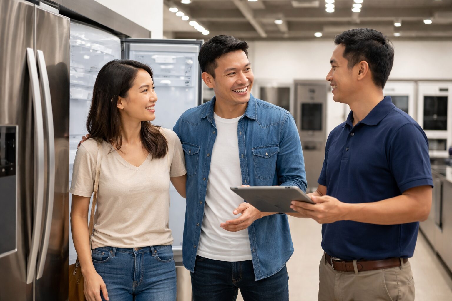 Asian couple discussing appliance warranty options with a sales associate in a modern appliance showroom