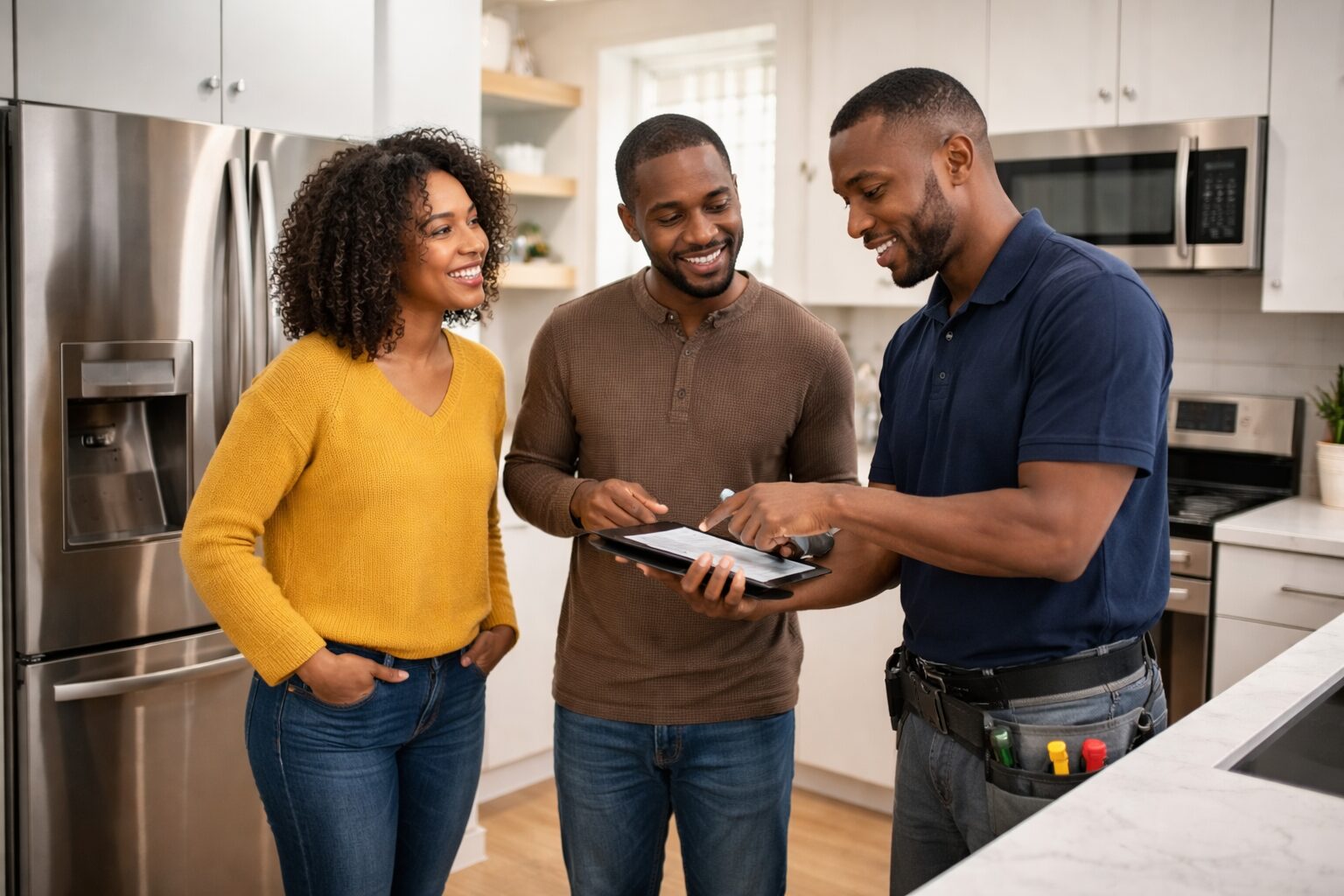 Black couple discussing appliance warranty options with a sales associate in a modern appliance showroom