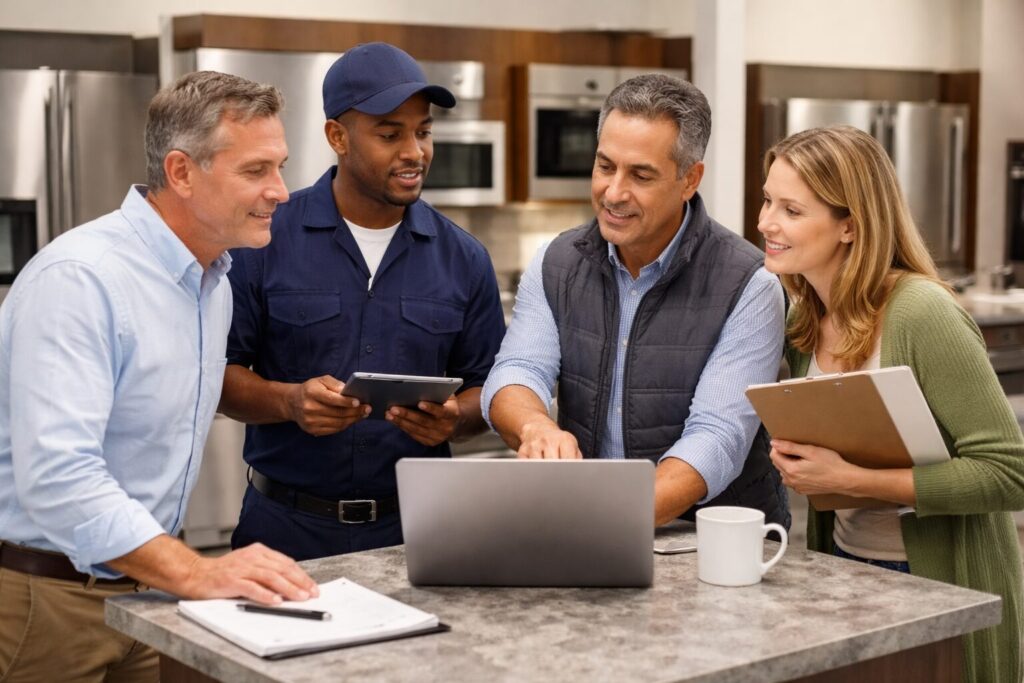 Appliance store employee assisting a middle-aged couple with warranty paperwork in a modern showroom environment