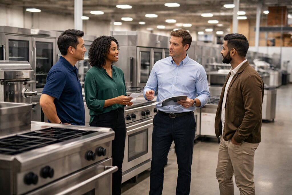 commercial equipment showroom with diverse business customers and staff discussing appliances displayed in organized rows