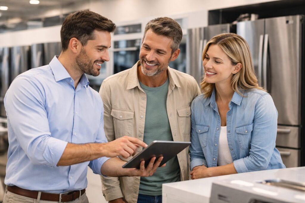 Salesperson explaining appliance features to a smiling customer in a bright modern appliance store showroom