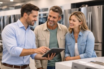 Salesperson explaining appliance features to a smiling customer in a bright modern appliance store showroom