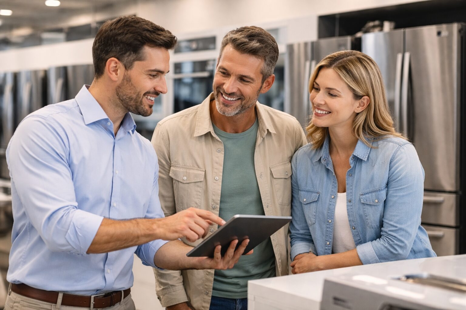 Salesperson explaining appliance features to a smiling customer in a bright modern appliance store showroom