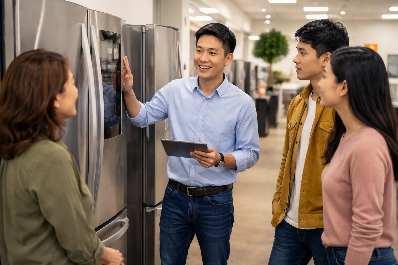 Asian appliance sales associate explaining warranty options to a diverse couple shopping for a refrigerator in a modern