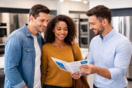 appliance sales associate explaining warranty options to a middle-aged couple in a modern appliance showroom
