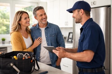 Appliance sales associate assisting a middle-aged couple in a modern kitchen showroom discussing warranty options