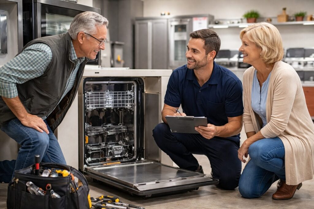 Appliance technician repairing a modern kitchen appliance while homeowner observes in a bright contemporary kitchen