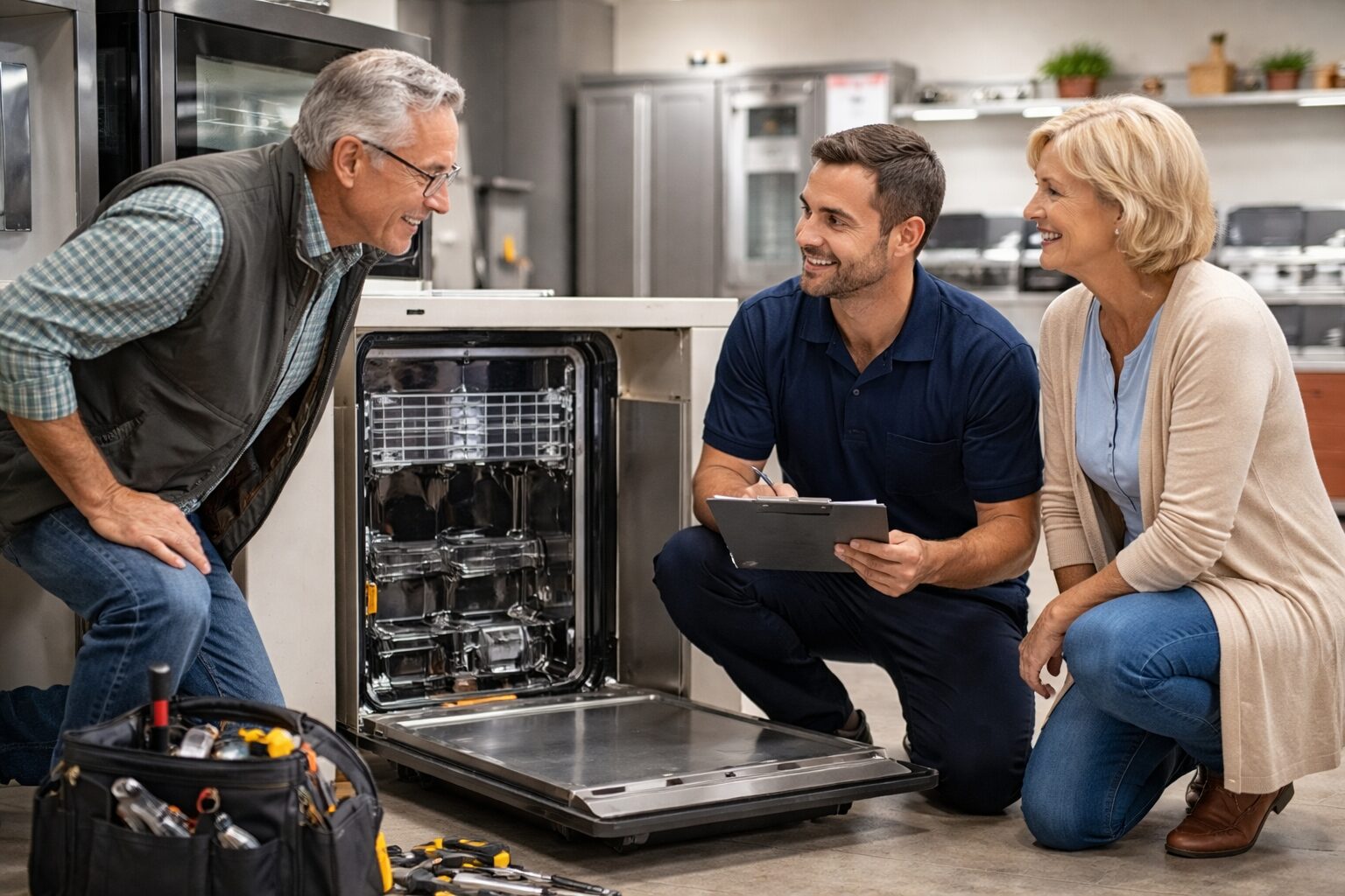 Appliance technician repairing a modern kitchen appliance while homeowner observes in a bright contemporary kitchen