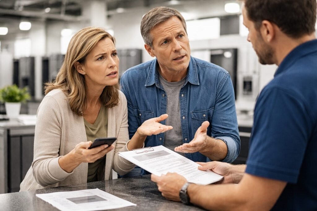 Homeowner discussing appliance warranty options with a sales associate in a modern appliance showroom
