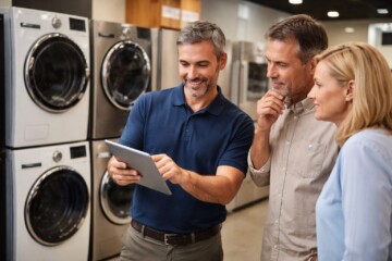Appliance retailer discussing warranty options with technician in modern kitchen showroom