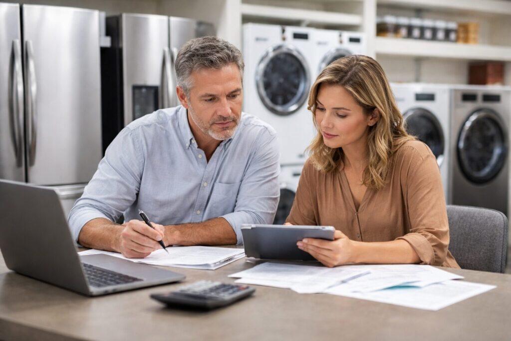 Appliance retailer reviewing warranty documents with technician in modern kitchen showroom discussing service options