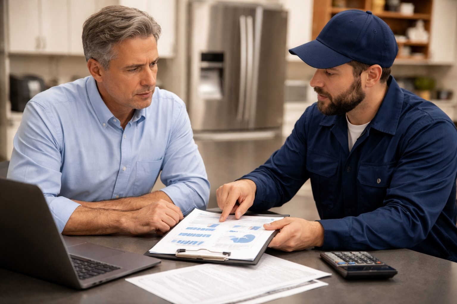 Couple reviewing warranty paperwork together in modern kitchen with new appliances, discussing appliance protection options