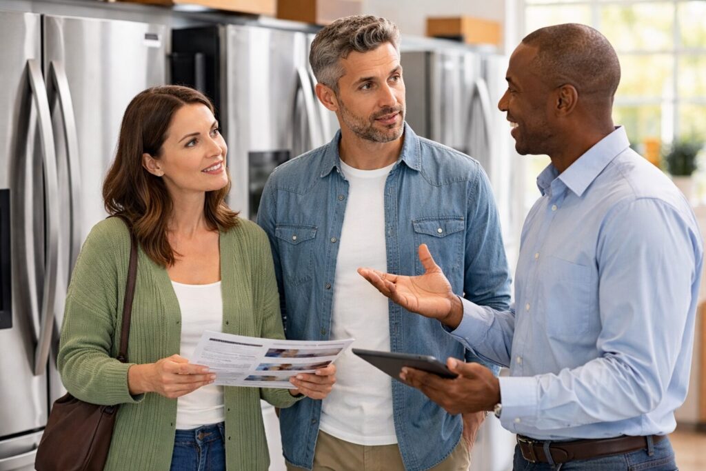 Appliance sales associate explaining warranty options to a middle-aged couple in a modern appliance showroom