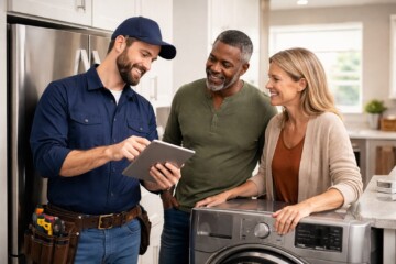 Appliance technician explaining repair options to a middle-aged couple in a modern kitchen with new appliances