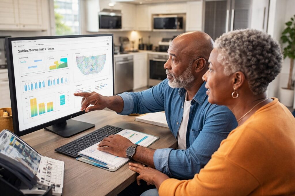 Black older adult couple reviewing warranty documents together in a modern kitchen with new appliances