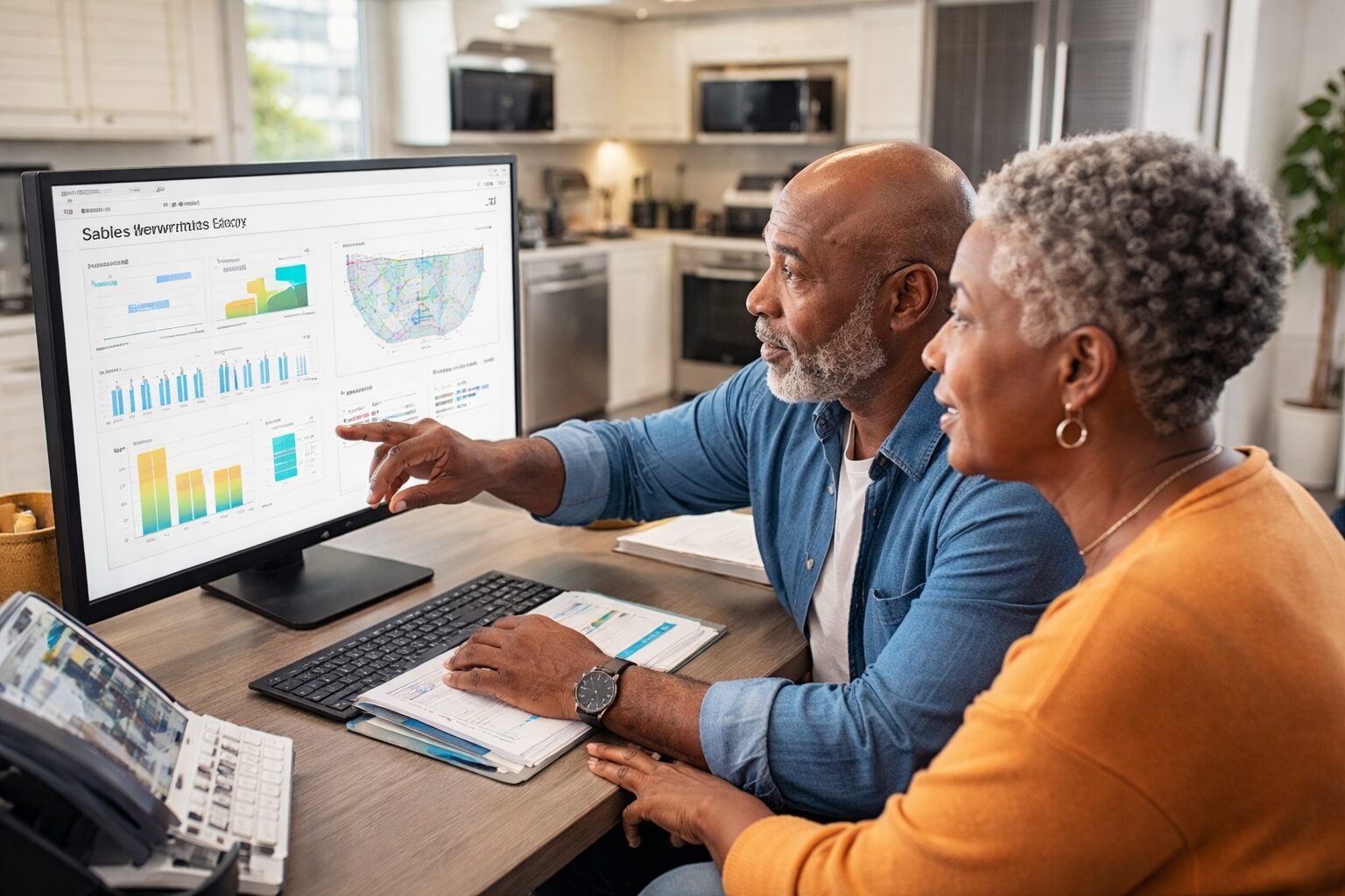 Black older adult couple reviewing warranty documents together in a modern kitchen with new appliances