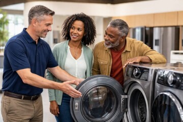 Homeowner discussing appliance warranty options with sales associate in a modern appliance showroom