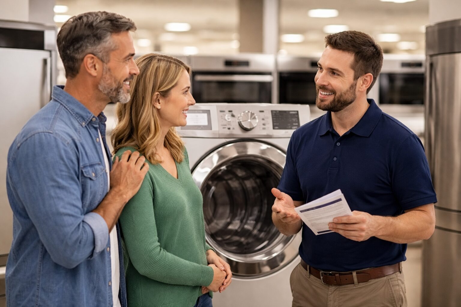 Appliance sales associate explaining warranty benefits to a middle-aged couple shopping for a refrigerator in a showroom