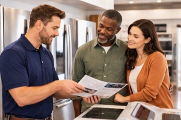 Appliance sales associate explaining warranty options to a middle-aged couple in a modern appliance showroom
