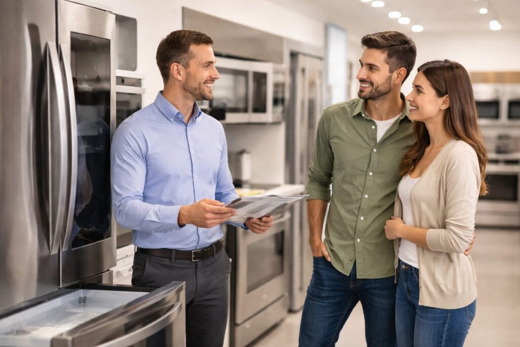 Salesperson explaining appliance warranty options to a customer in a modern appliance store showroom