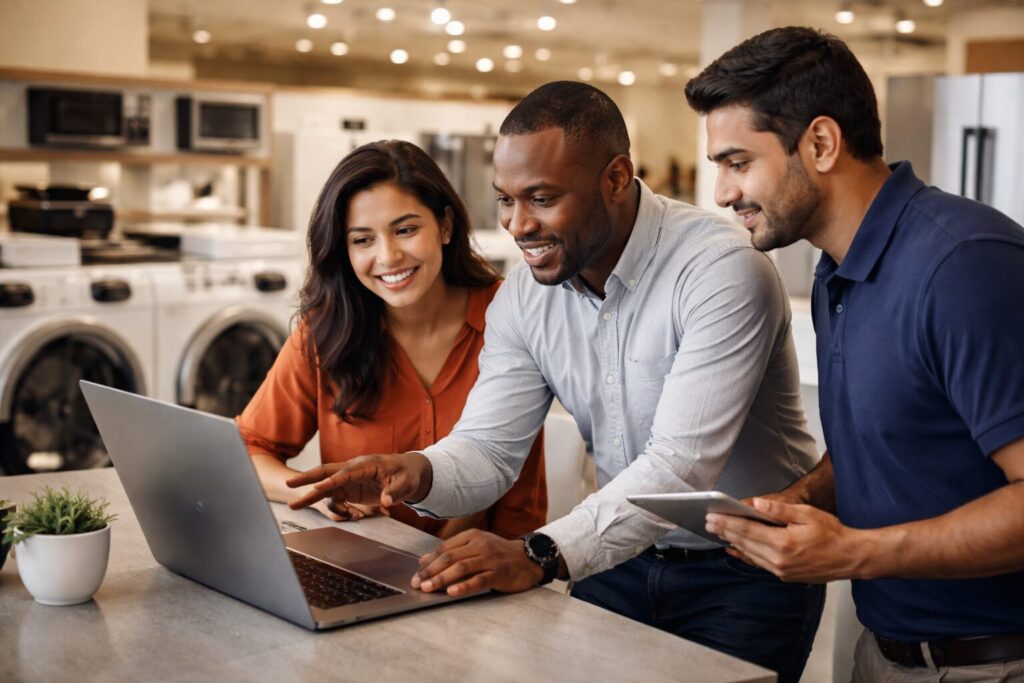 Diverse group of customers and sales associates interacting around modern appliances in a bright, busy showroom environment